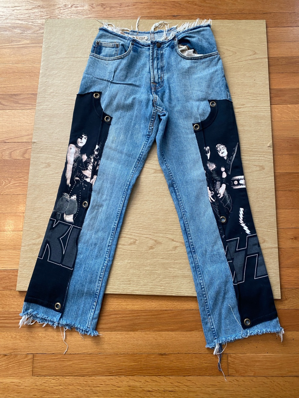 Bobby Day Reworked Denim Jeans with Iconic Band Panels Preloved KISS Rock Band